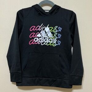 Adidas Girls Hoodie Sweatshirt Black‎ Colorful Logo Hearts Size L (14)
